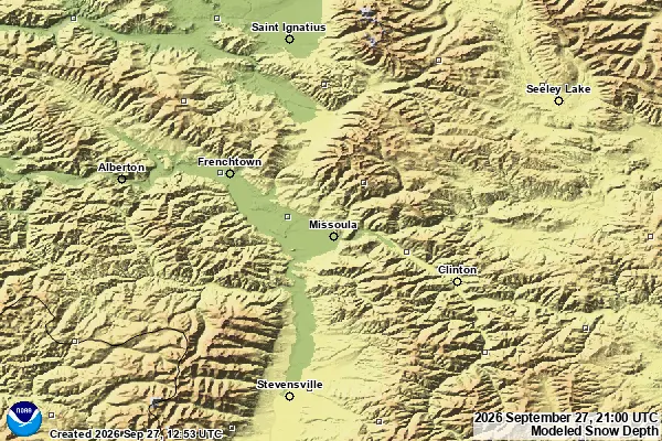 A topographical map displays modeled snow depth data for a mountainous region.
