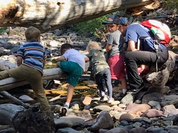 A group of children and an instructor explore a rocky creek bed together.