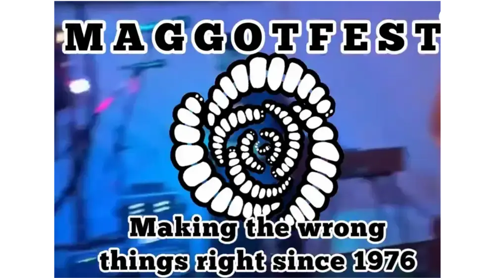 A graphic featuring the text "Maggotfest" above a spiral design and the slogan "Making the wrong things right since 1976."