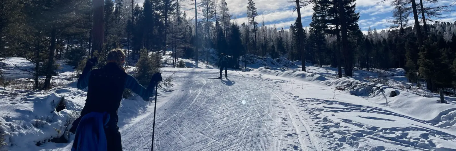 Two people cross-country ski along a groomed trail through a snowy forest.