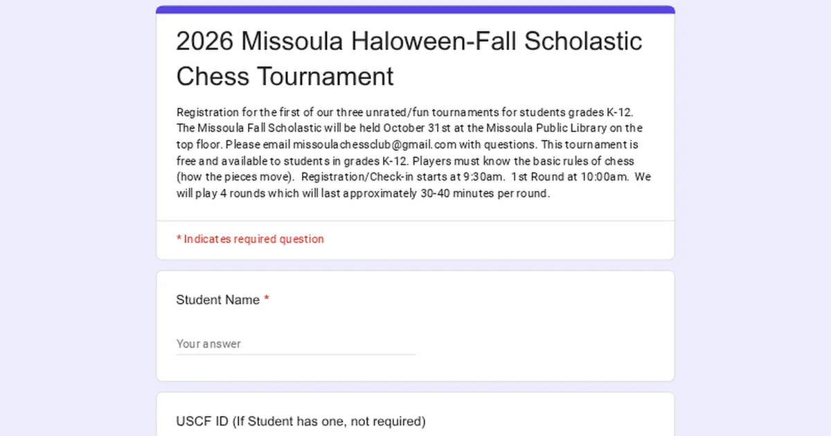 A registration form for a scholastic chess tournament.