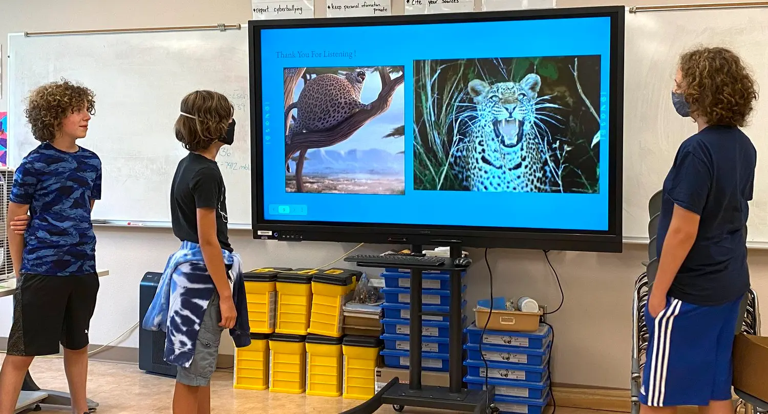 Three students stand in a classroom looking at a digital presentation featuring images of a leopard on a large screen.