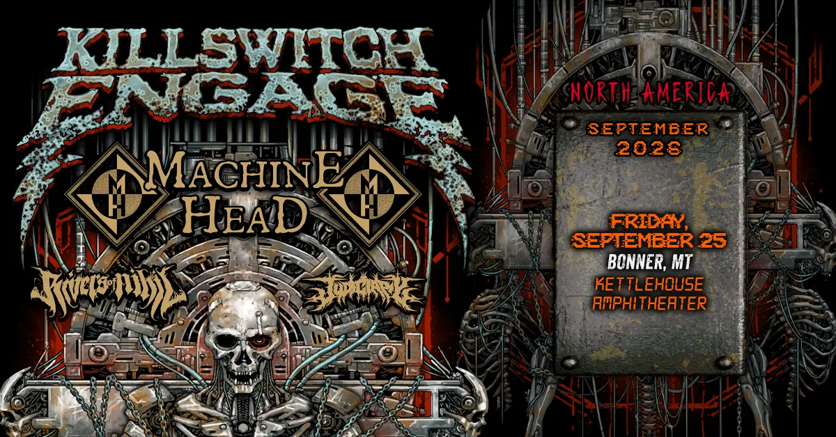 A concert poster features band names and event details against a dark, mechanical background.
