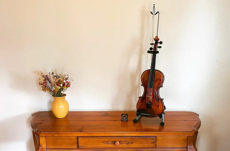 A violin stands on a wooden side table next to a vase of dried flowers.