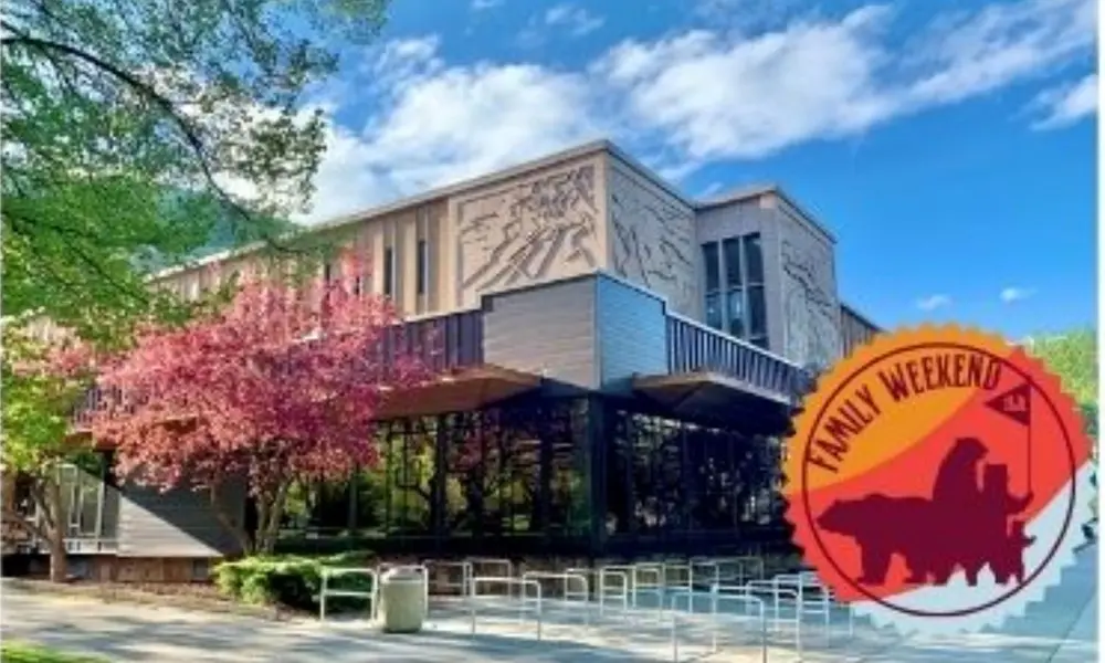 A university building is pictured behind an overlaid graphic for Family Weekend.