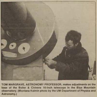 Astronomy professor Thomas Margrave adjusting the base of a large telescope at the Blue Mountain Observatory.