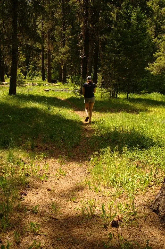 A woman walks along a dirt path in a wooded area.
