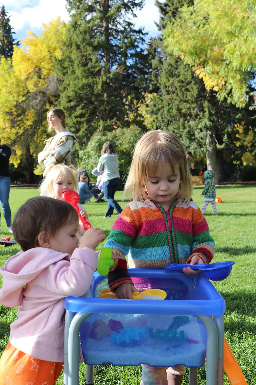 Children play with toys at a sensory table in a park during autumn.