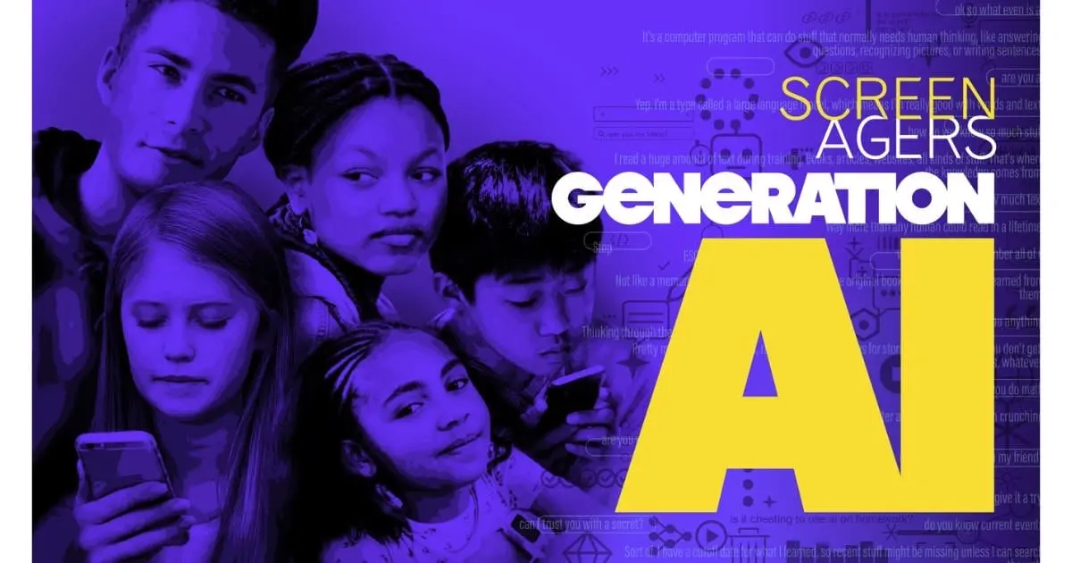A promotional graphic titled Screenagers Generation AI featuring a group of young people with phones.