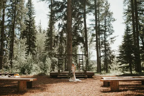 A woman in a wedding dress stands in a forest clearing in front of a wooden altar.