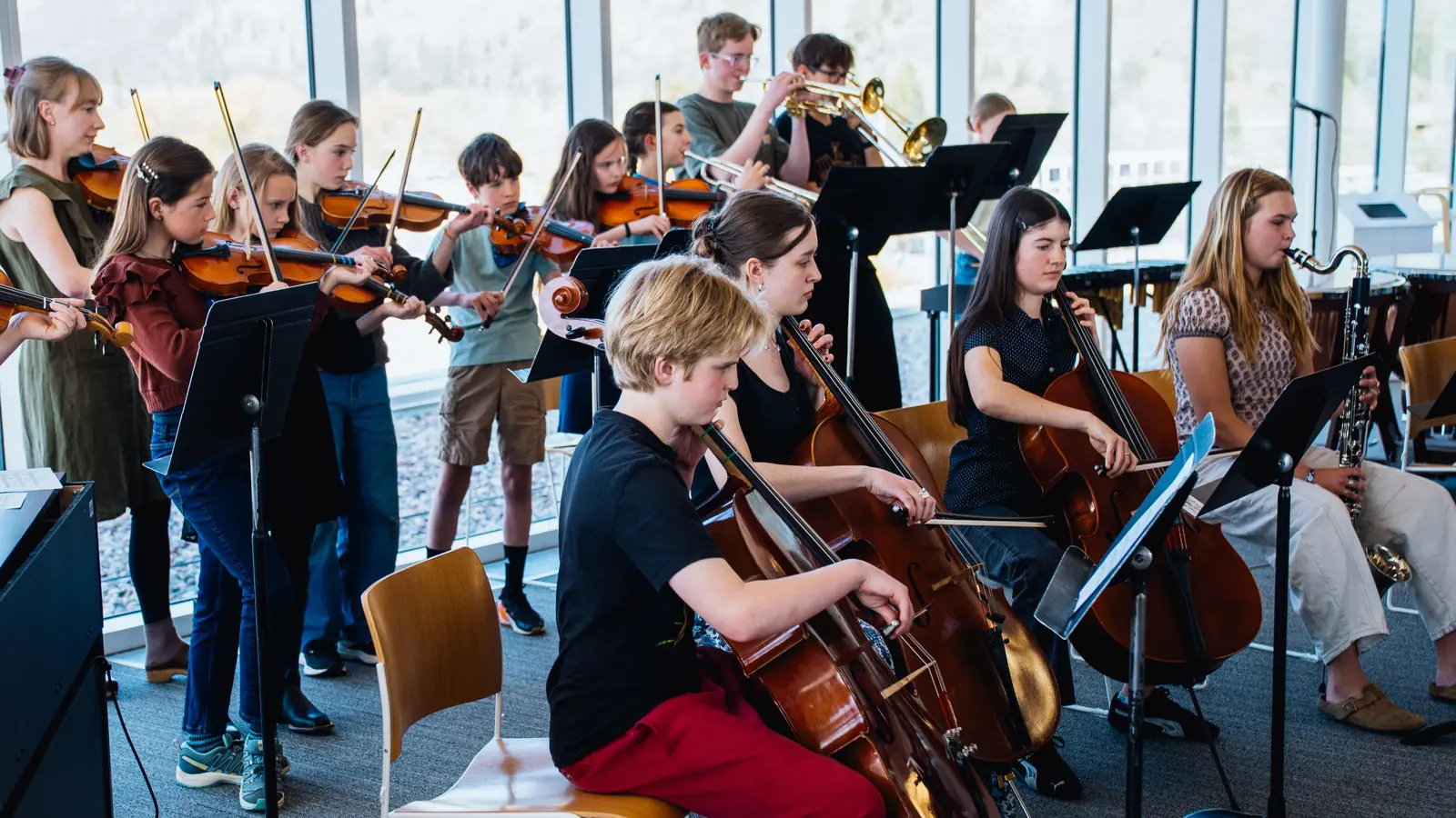 A group of young musicians play string and wind instruments together in an orchestra.