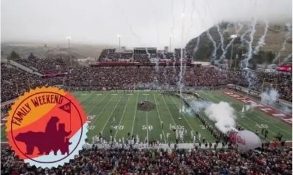 A football stadium filled with a large crowd is shown with a Family Weekend graphic overlay in the corner.