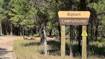 Photo from youtube.com A wooden sign for a campground stands along a dirt road in a forest.