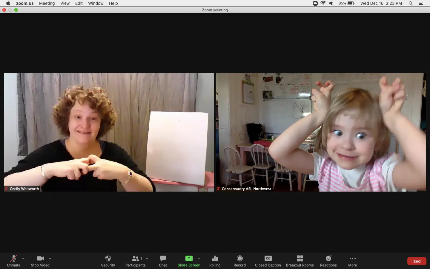 A Zoom meeting interface displays an instructor signing alongside a child making playful gestures.