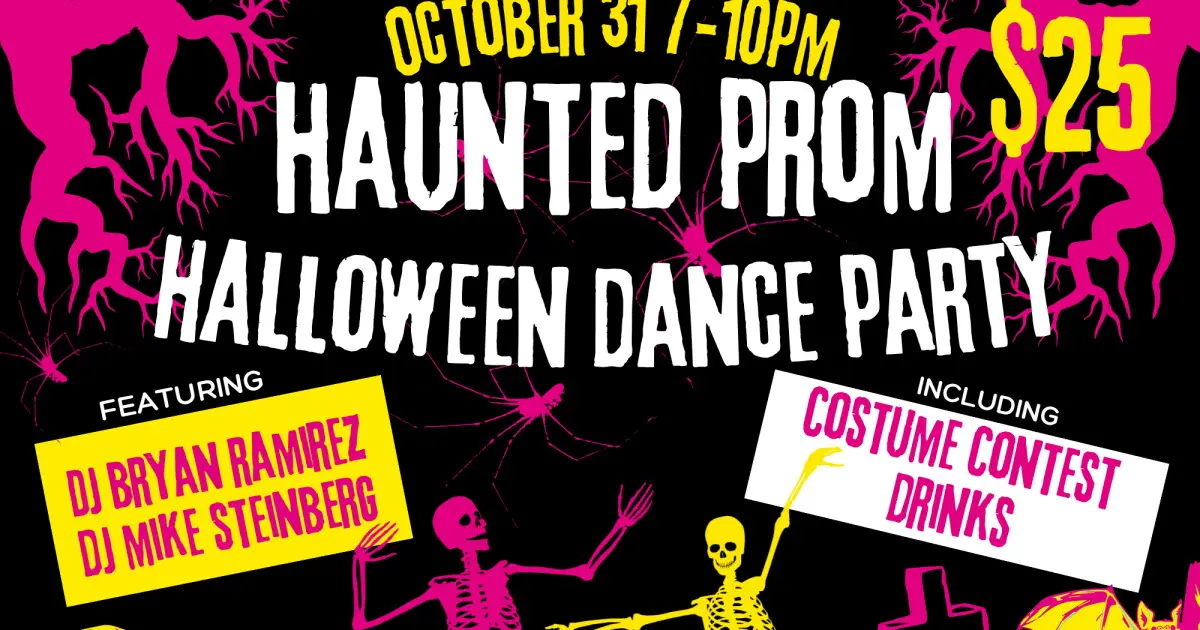 A graphic advertising the Haunted Prom Halloween Dance Party, Oct. 31, 7-10 p.m., a benefit for Montana Public Radio. Featuring DJs Bryan Ramirez and Mike Steinberg, including a costume contest and drinks. Westside Theater, 1200 Shakespeare St #2 in Missoula. Tickets at thewestsidetheater.com