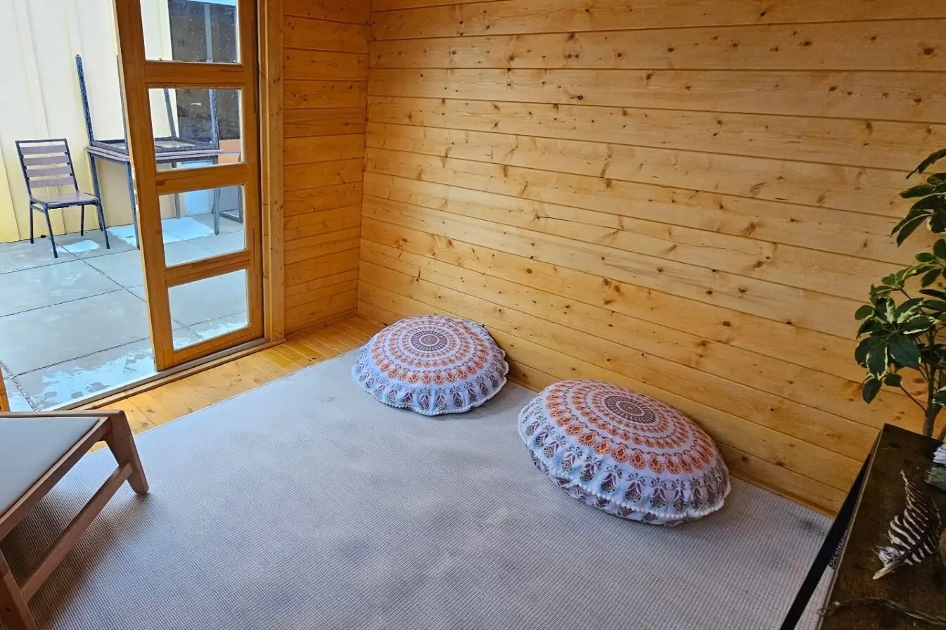 A bright room with wooden walls, a light rug, and two patterned floor cushions.