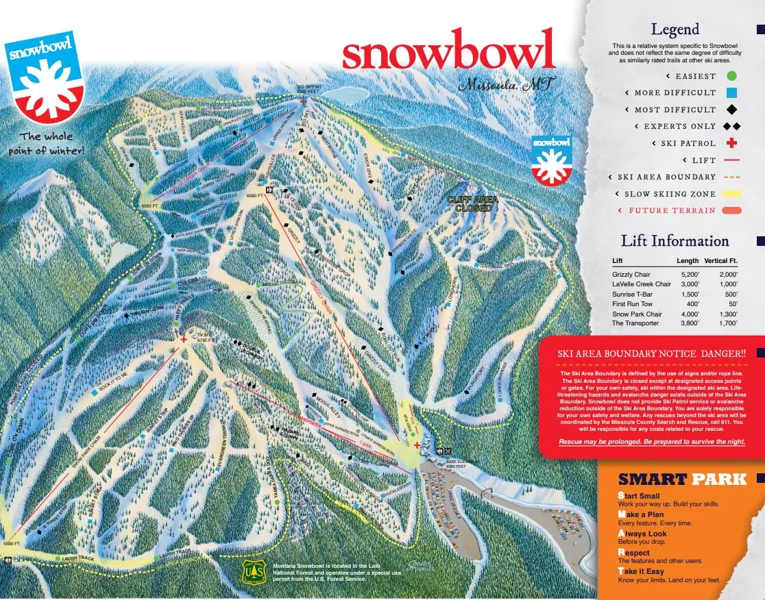A trail map showing ski runs, lifts, and terrain features at a mountain resort.