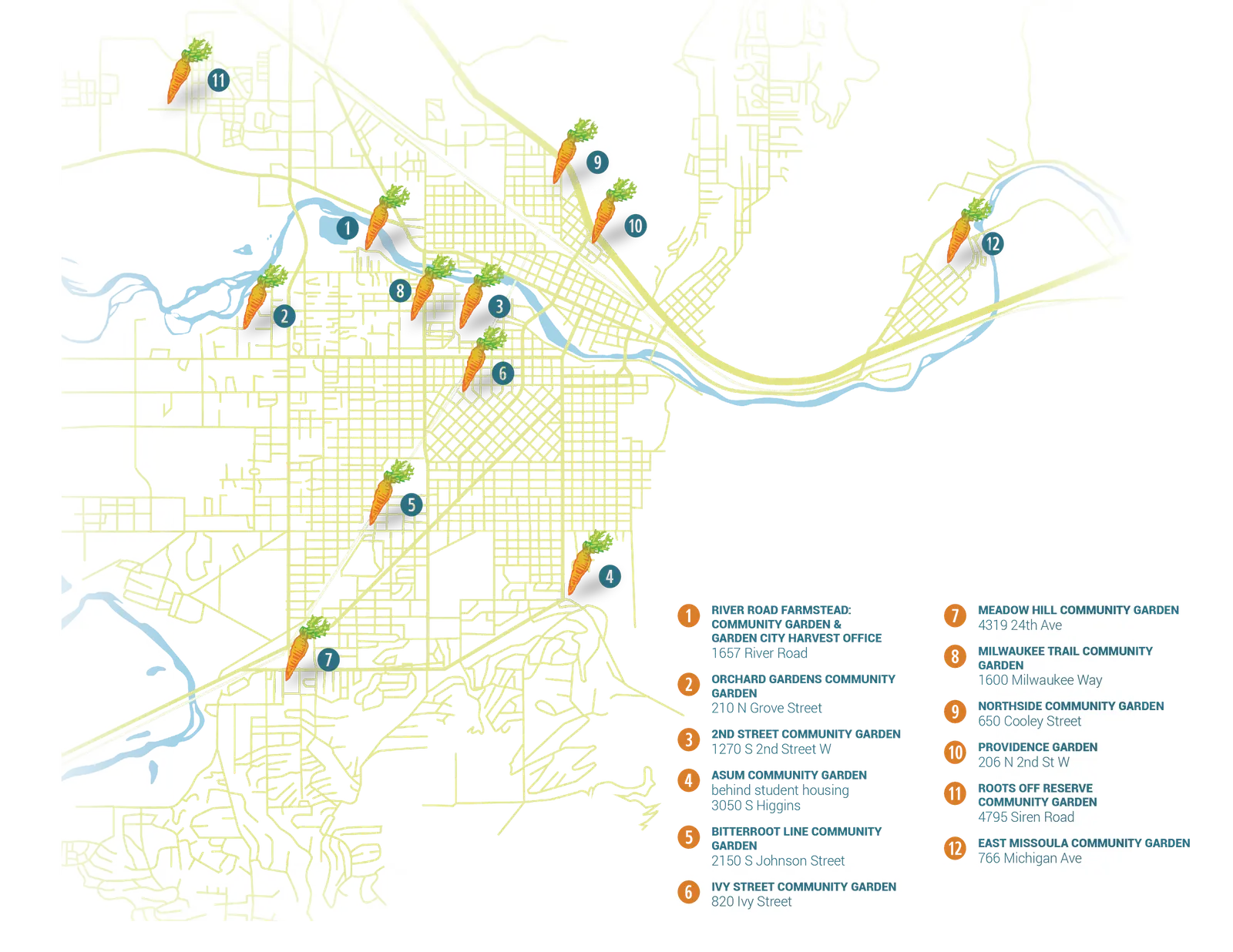 A map showing the locations of several community gardens marked with carrot icons.