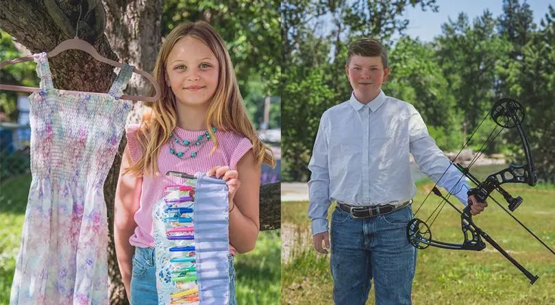 A split-screen image shows a girl holding a pen roll next to a dress hanging on a tree and a boy holding a compound bow outdoors.