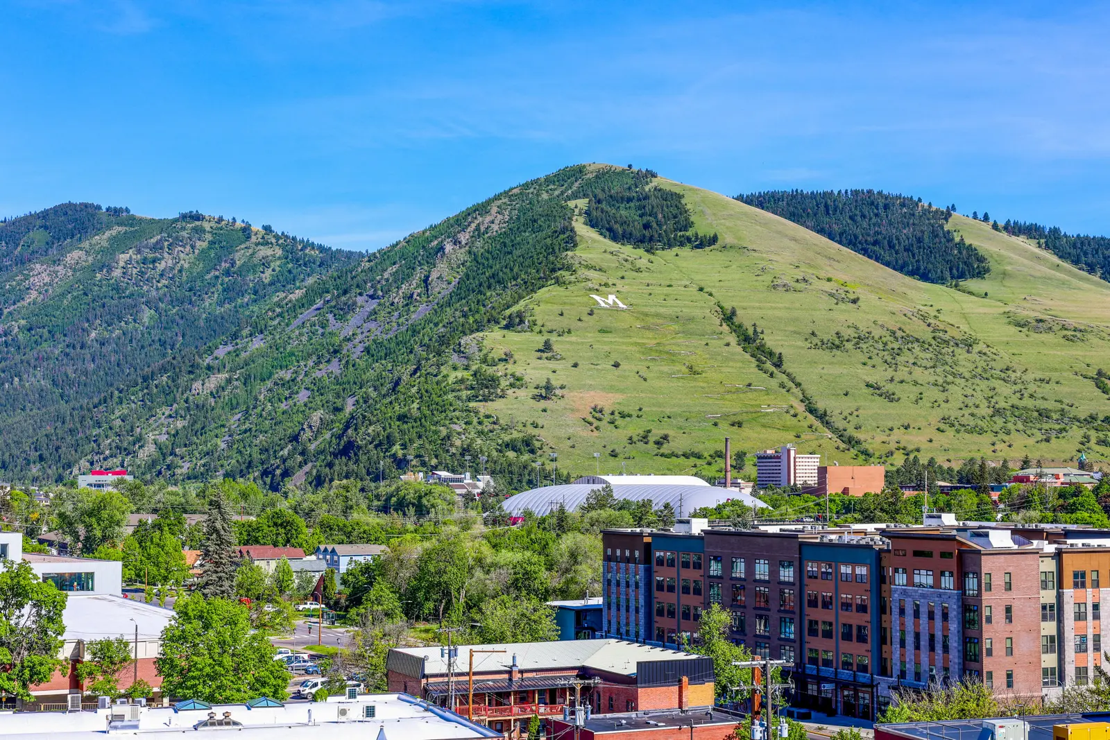 A city skyline sits beneath a large, grassy mountain featuring a prominent white letter.