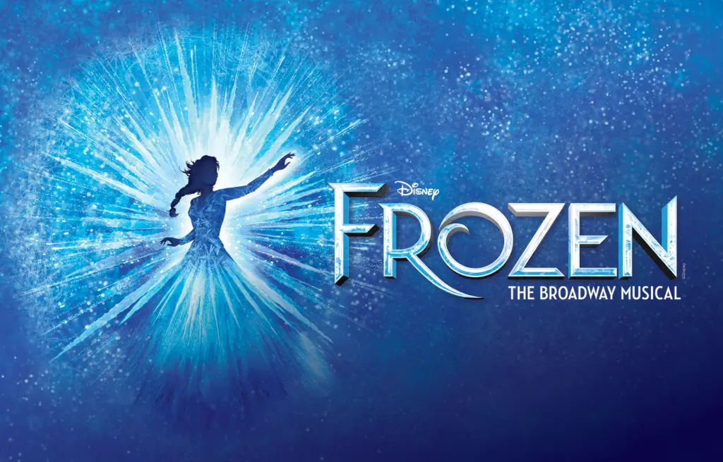 A promotional graphic for a musical features the title and a silhouette character against a sparkling blue background.