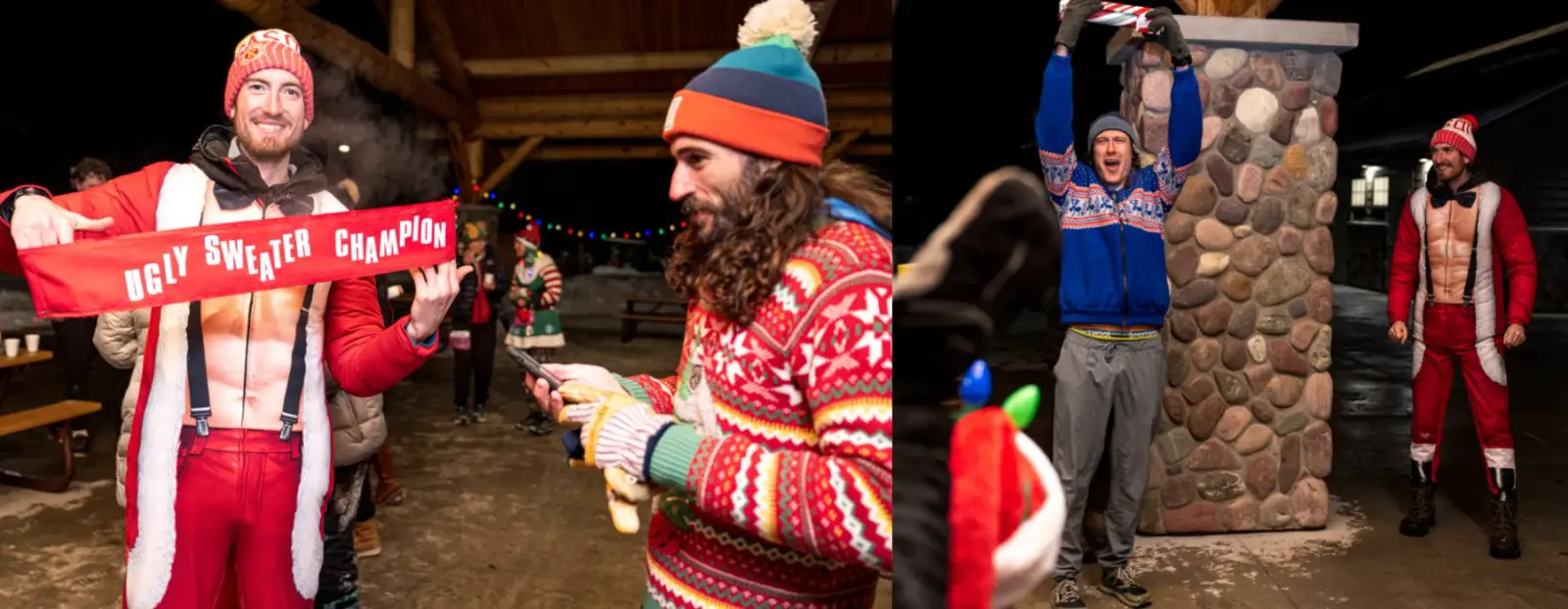 A group of people wearing festive sweaters and hats at an outdoor event.