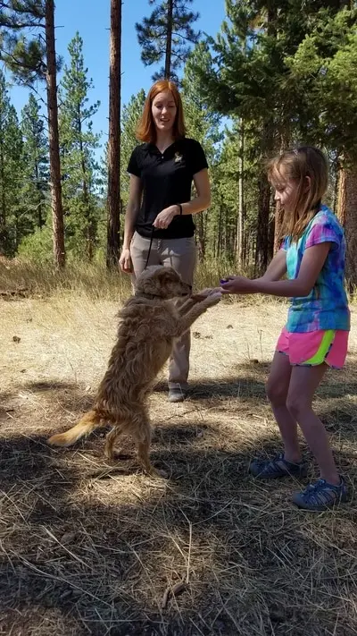 A woman and a young girl interact with a dog outdoors in a wooded area.