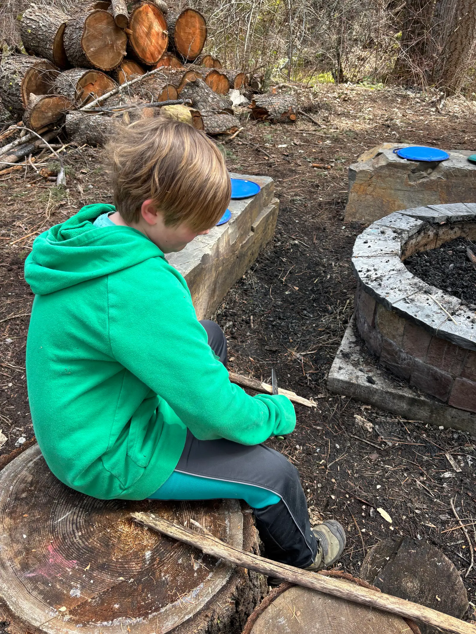 A person in a green hoodie sits on a tree stump outdoors while whittling wood.