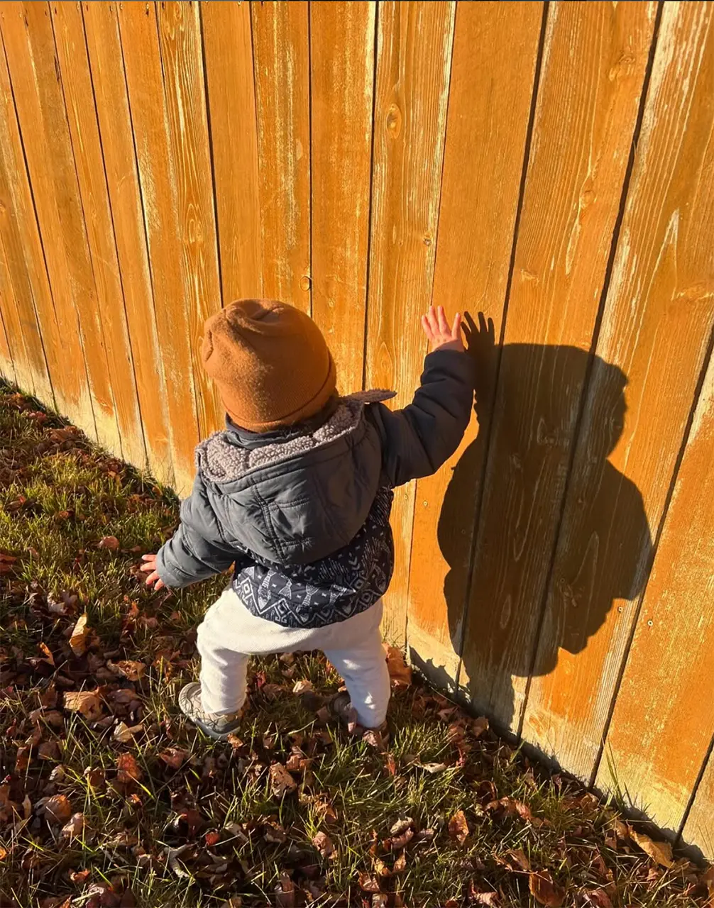 A toddler stands outdoors reaching toward a wooden fence.