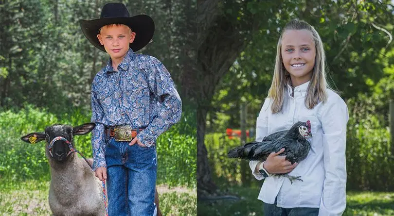 A composite image shows a young boy standing with a sheep and a young girl holding a chicken.