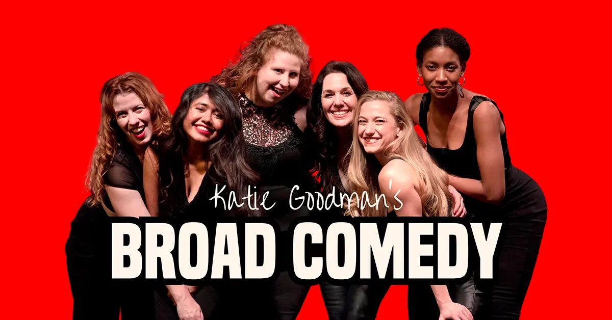 Six women pose together against a bright red background.
