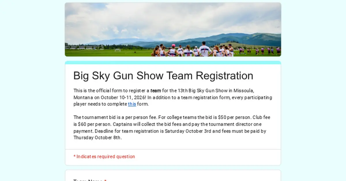 A team registration form for a tournament with a header image showing a group of people standing on a field.