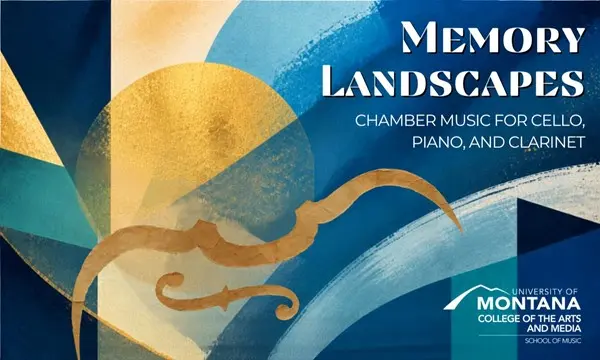 A promotional graphic for a chamber music concert titled 'Memory Landscapes' featuring cello, piano, and clarinet.