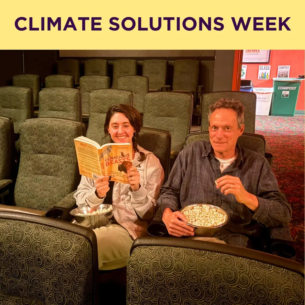 A woman and a man sit in a movie theater with bowls of popcorn while the woman holds a book.