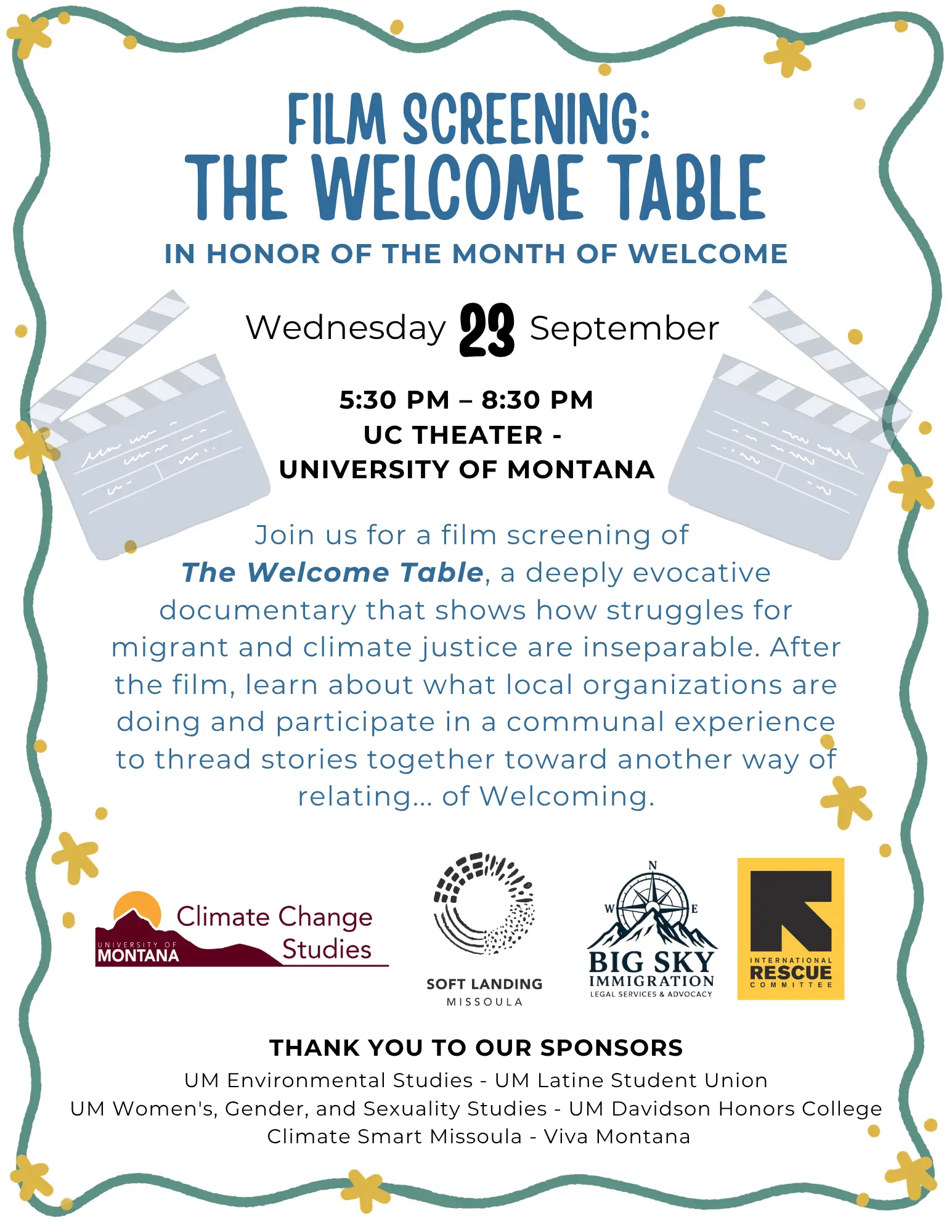 A flyer announces a film screening of The Welcome Table at the University of Montana.