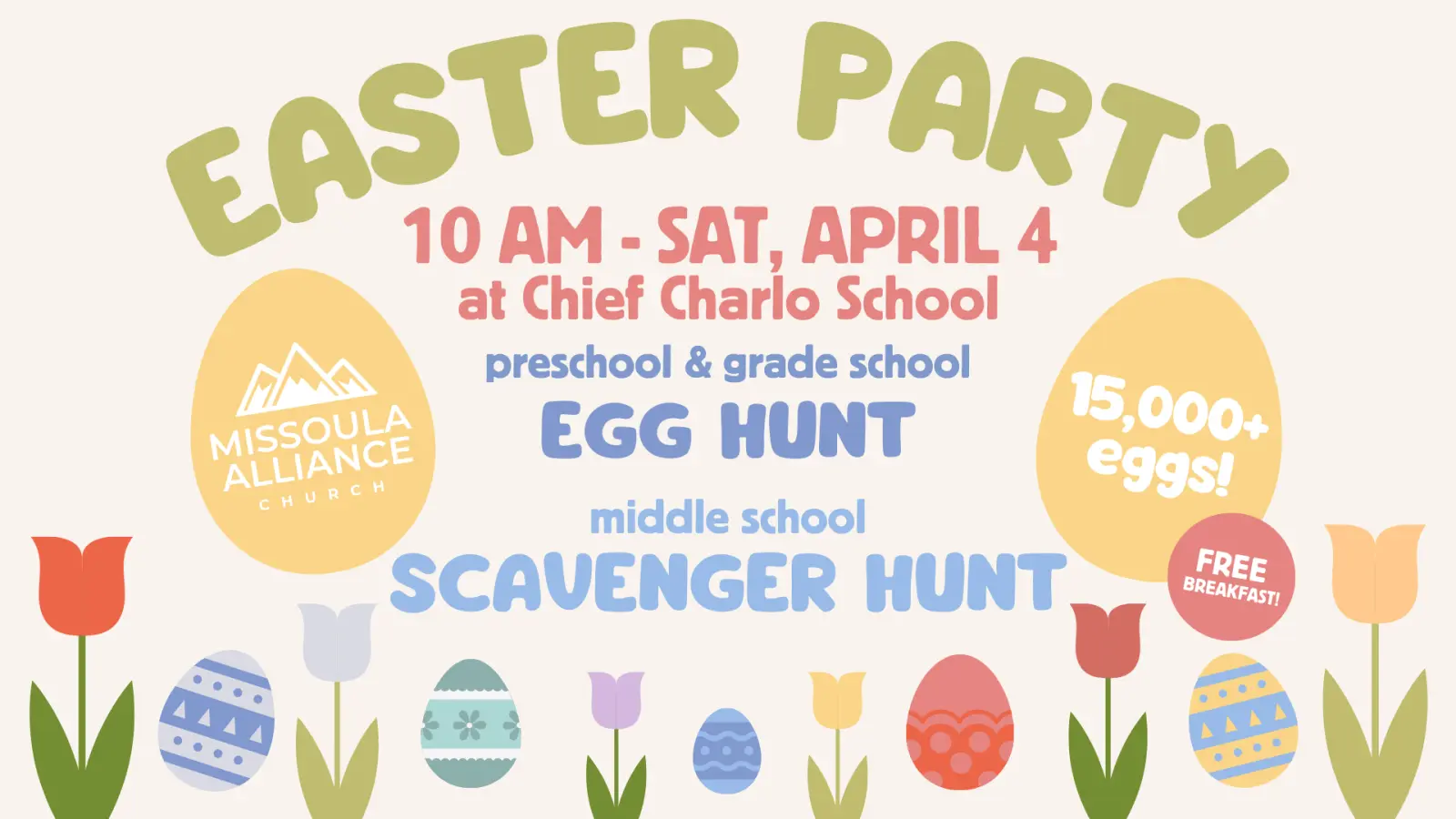 A flyer for an Easter party event featuring an egg hunt and scavenger hunt.