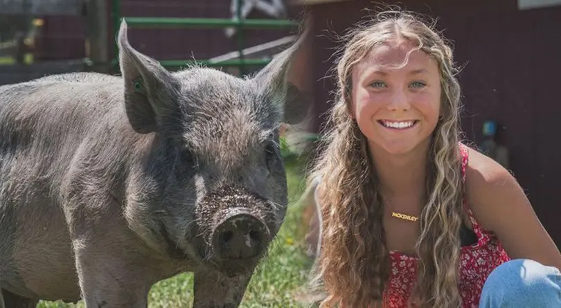 A girl smiles while posed next to a pig.