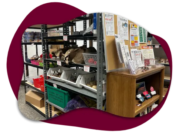 A picture of Food Pantry shelves showcasing donated vegetables, with a shelf to the right side of the image featuring printed resources like brochures and pamphlets