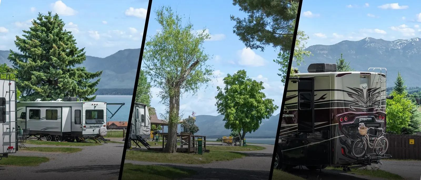 A split-screen image shows several recreational vehicles parked at a campsite near a lake and mountains.
