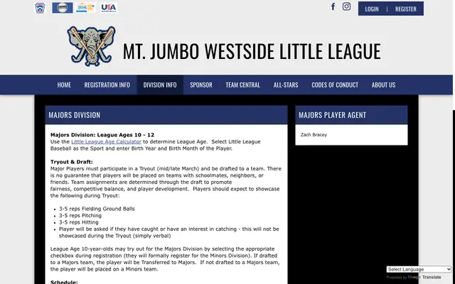Screenshot of mjwslittleleague.org