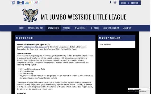 Screenshot of mjwslittleleague.org