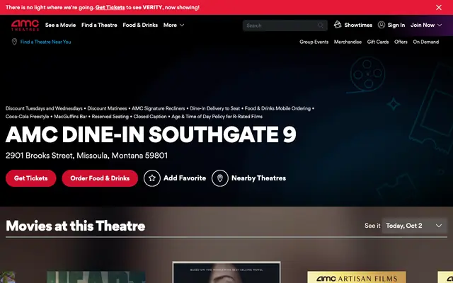 Screenshot of amctheatres.com