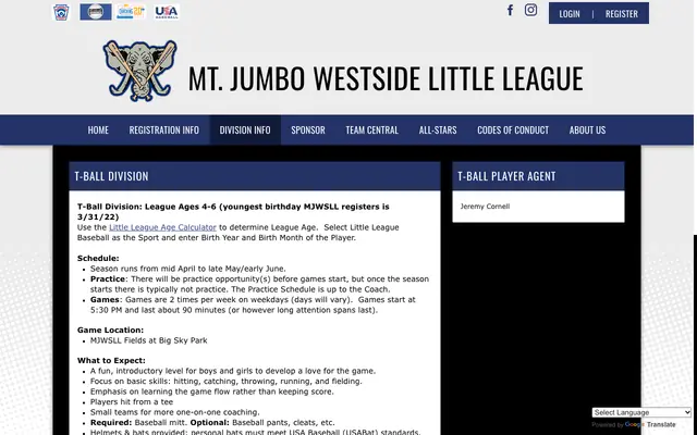 Screenshot of mjwslittleleague.org