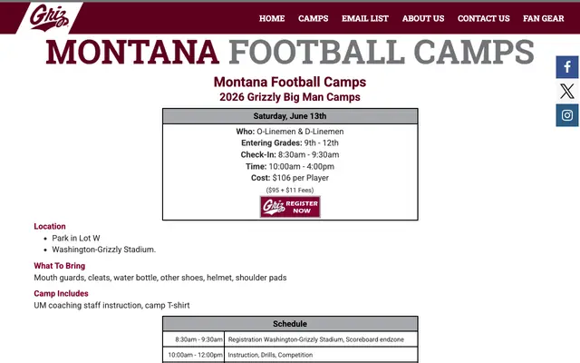Screenshot of montanafootballcamps.com