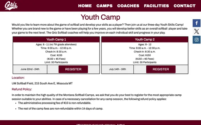 Screenshot of umsoftballcamps.com