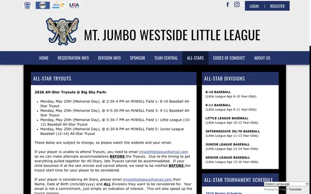 Screenshot of mjwslittleleague.org