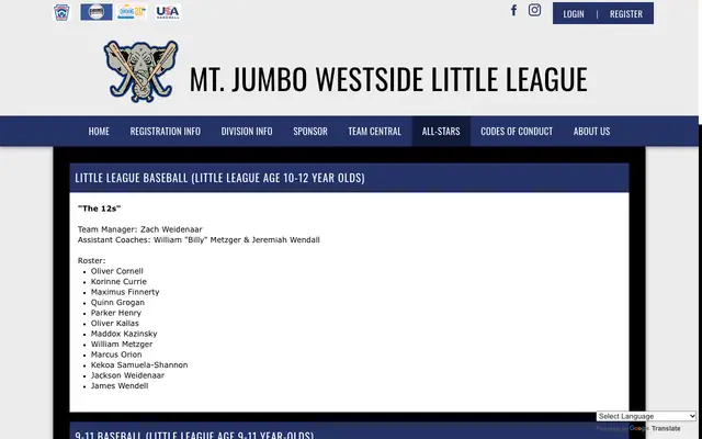 Screenshot of mjwslittleleague.org